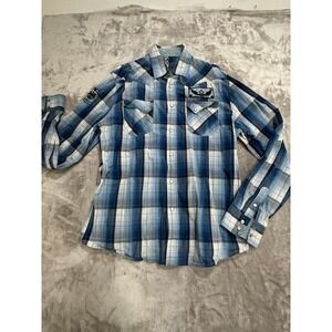 Xray Brand‎ Plaid Button Up Shirt Men's Size 2XL Blue Long Sleeve Pearl Snap EUC